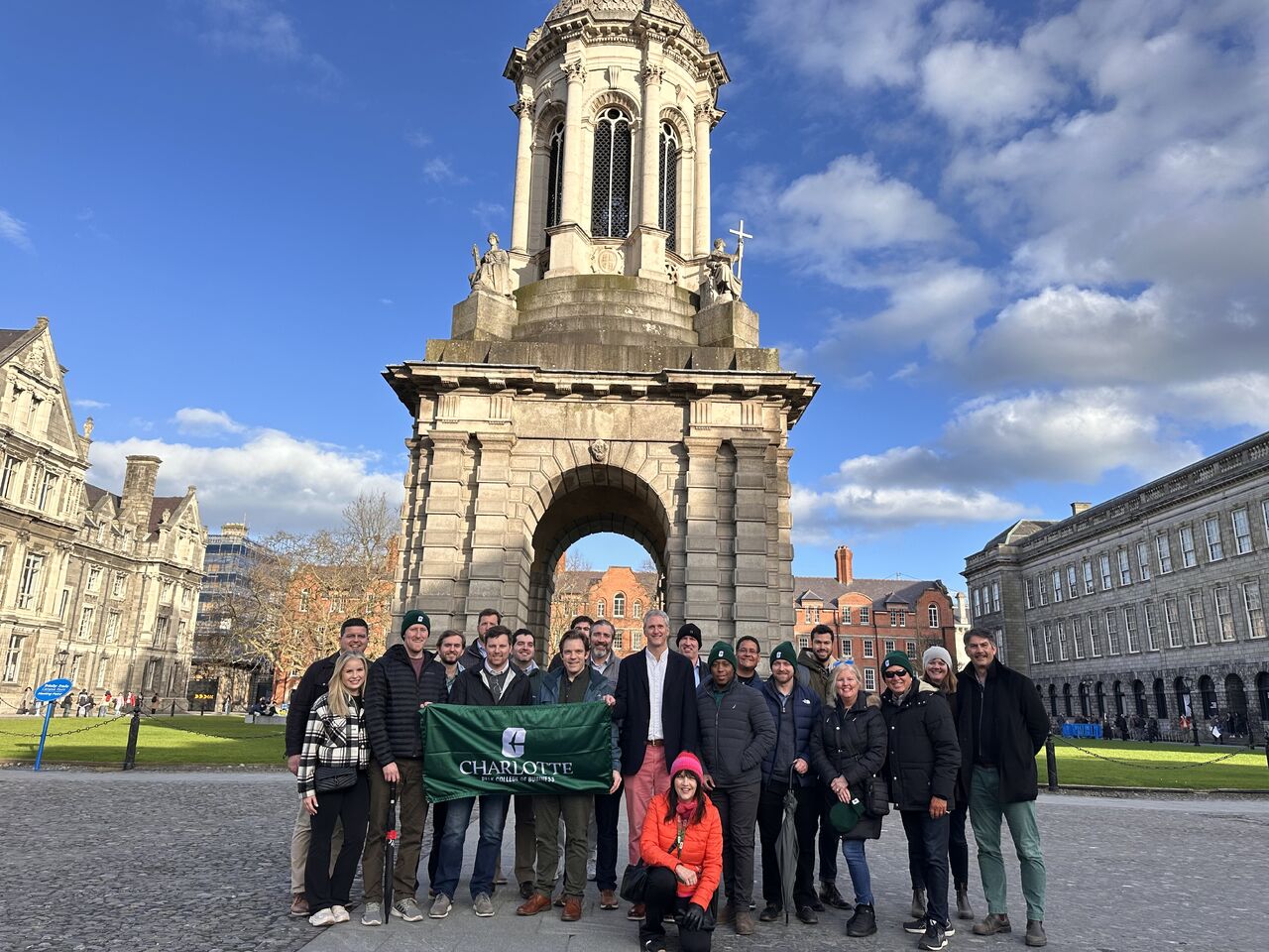 M.S. in Real Estate students, faculty and staff enjoyed a (rare) sunny day during their study abroad in Ireland. Here they are at Trinity College in Dublin.